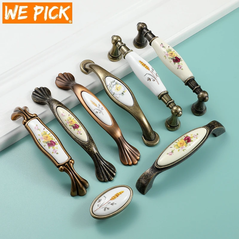 WEPICK Vintage Bronze Ceramic Cabinet Handles Wardrobes Door Pulls European Style Kitchen Handle Drawer Knobs Furniture Handle