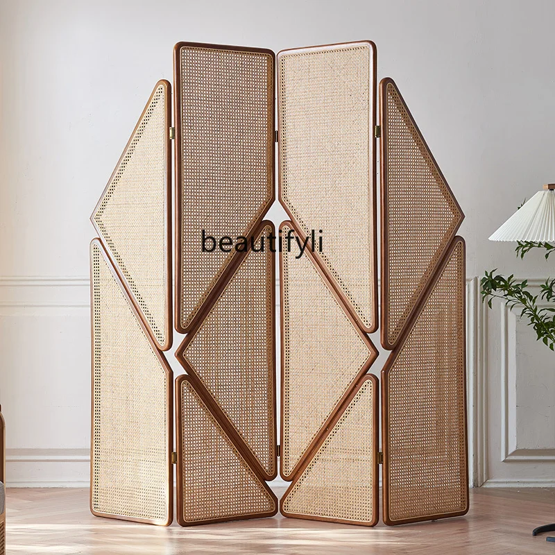 

Nordic solid wood screen partition wabi sandy wind rattan folding entrance mobile Japanese-style homestay inn tea room