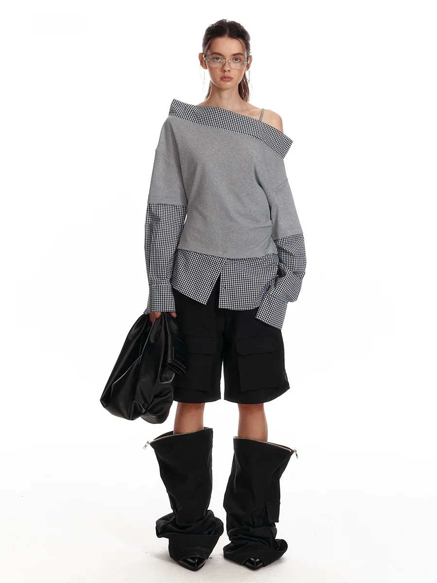 

ALINNV Original Design Spring Autumn oulder Bared Loose Women's irt Faionable Small ence Design Cotton Long Sve