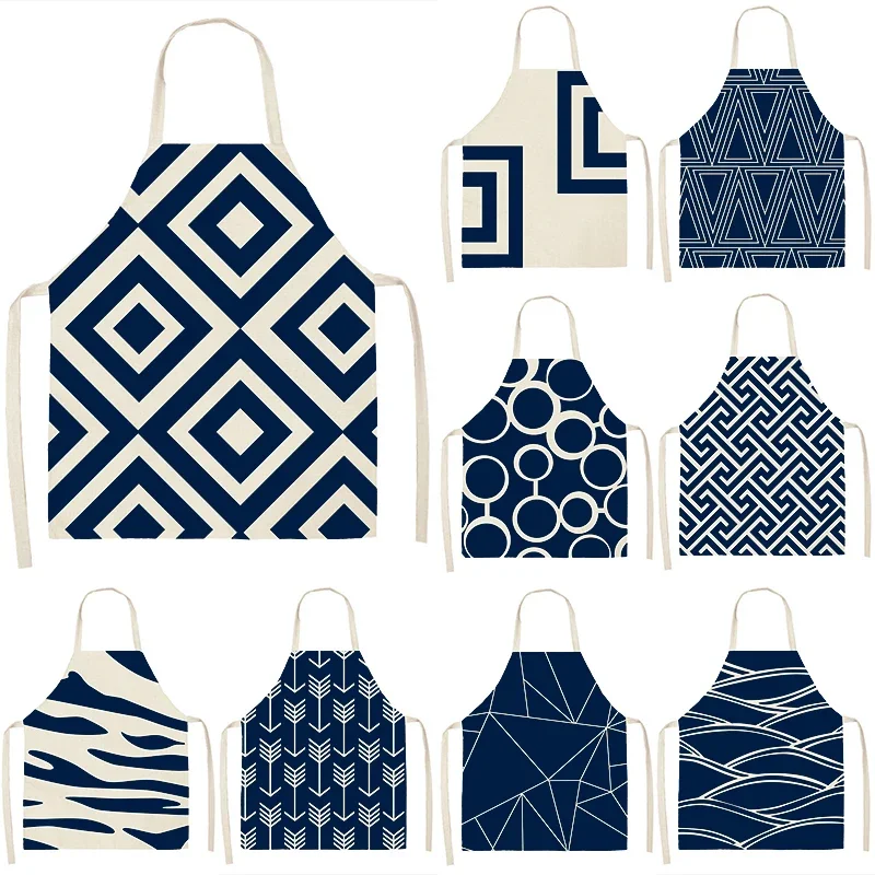 1 szt. Granatowe geometryczne fartuchy kuchenne bez rękawów bawełniane śliniaki lniane 53*65cm domowe kobiety sprzątające domowe gotowanie 46409