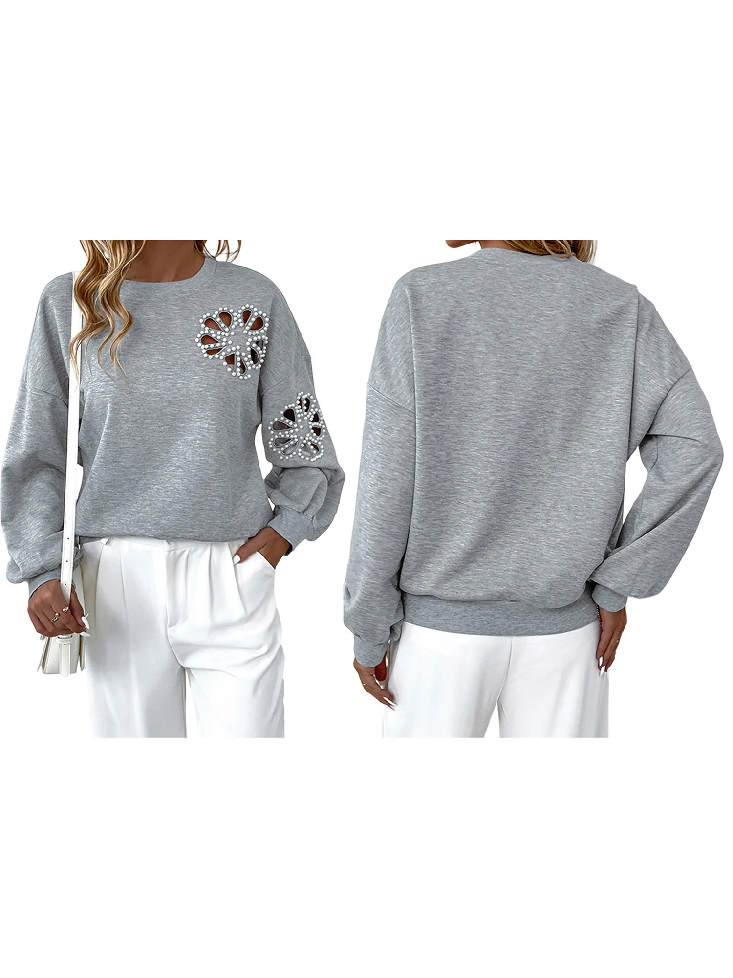 Blusa elegante con adornos de encaje para mujer, Top informal holgado de manga larga con cuello en V y bordado floral