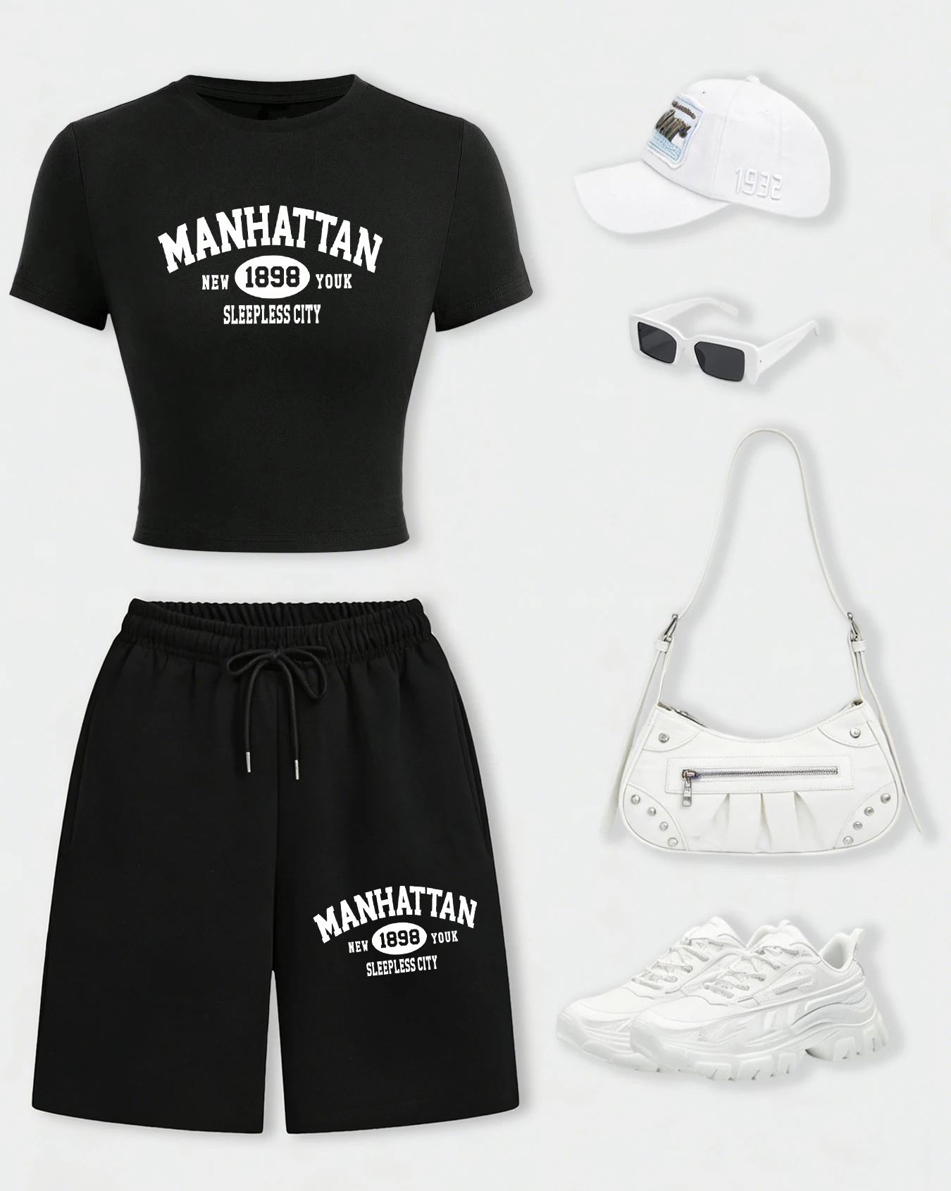

Manhattan New York Sleepless City Design Womens T-Shirts Set Summer Casual Shorts Fitness Cotton Crop T Shirt Wide-Leg Gym Pant