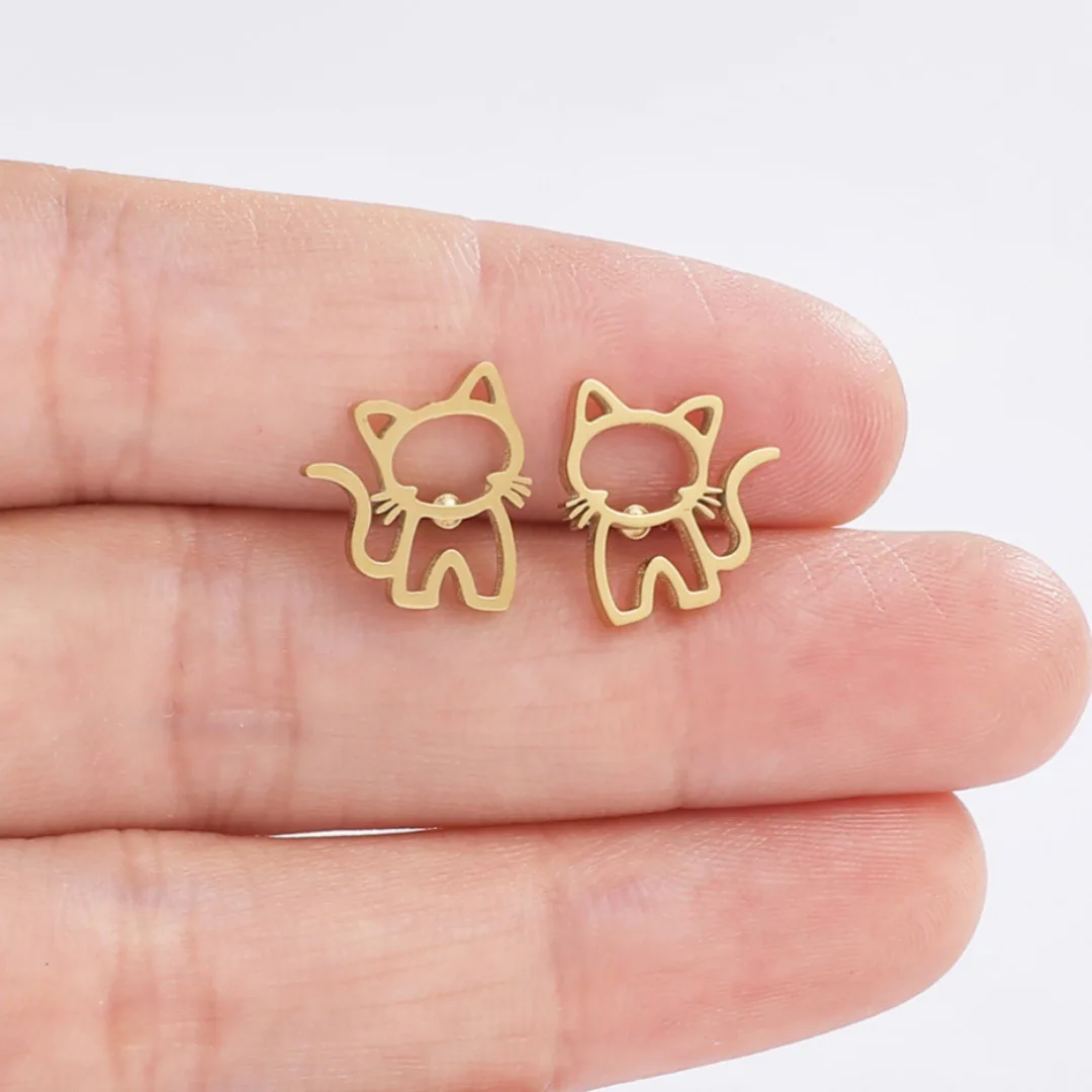 Classic Cute Cat Stainless Steel Stud Earrings for Men Women Students GiftsTrend Fashion Small Animal Ear Studs Fashion Jewelry