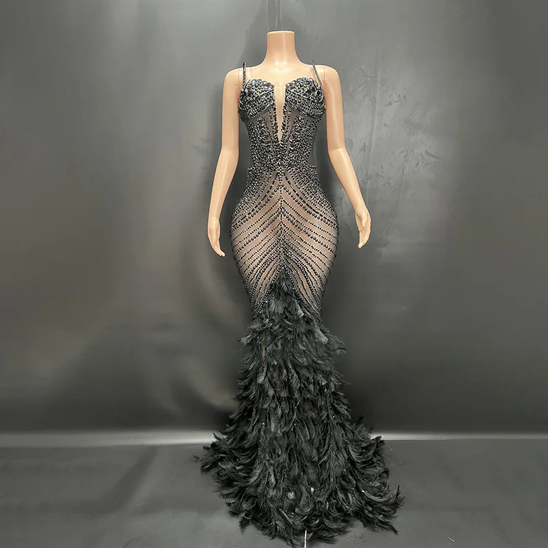 

Sexy Evening Dresses Mermaid Spaghetti Beads Feathers Illusion Sweep Train Backless Prom Dress Vestido De Noite Customized