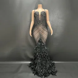 Sexy Evening Dresses Mermaid Spaghetti Beads Feathers Illusion Sweep Train Backless Prom Dress Vestido De Noite Customized