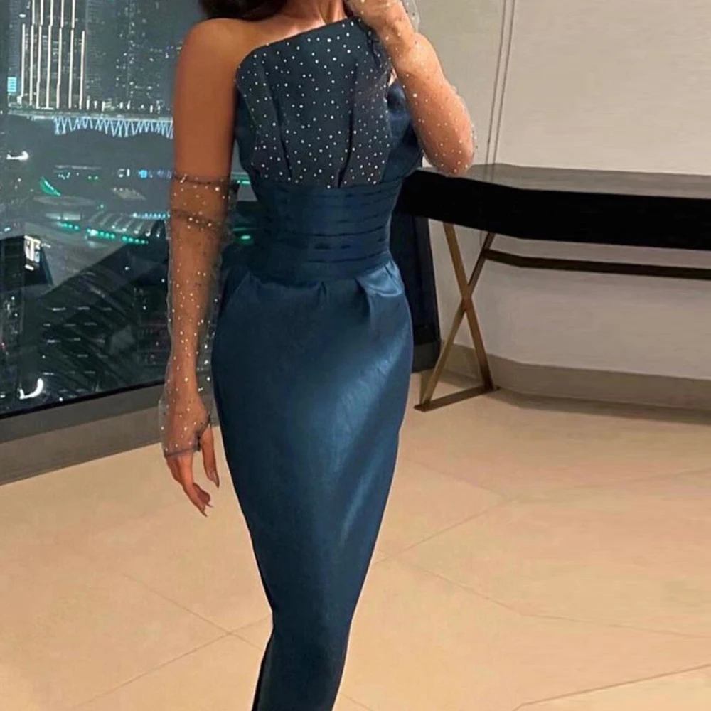 

Customized Exquisite Detachable Sleeves Scalloped Evening Dresses Modern Straight Satin Pleats Crystal Party Gowns فساتين سهرة