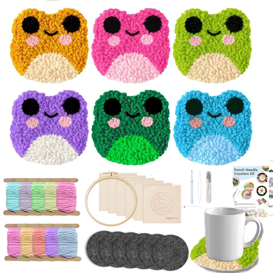 

Frog Punch Needle Coaster Kit 6Pcs Crafts Punch Needle Coasters Kits Tufted Rug Pads with Adhesive Felt Yarns Embroidery Hoop