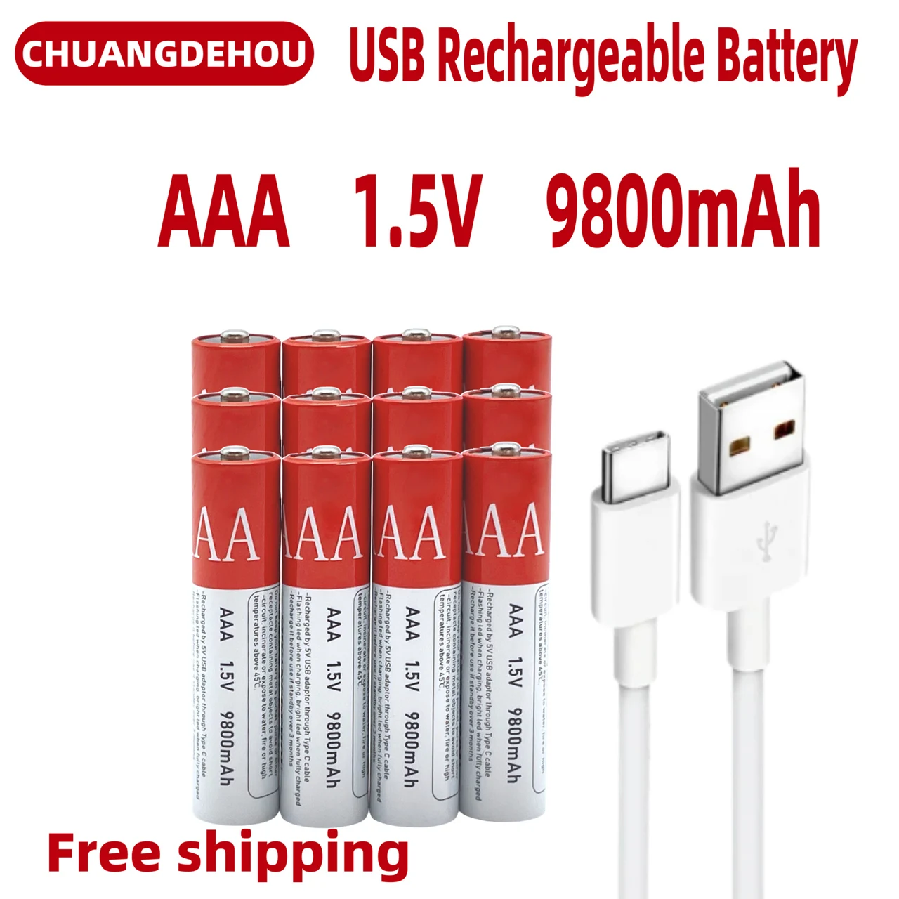 

AAA battery, USB fast charging 1.5V AAA lithium-ion battery with a capacity of 9800mAh, suitable for toy mouse LED laser lights