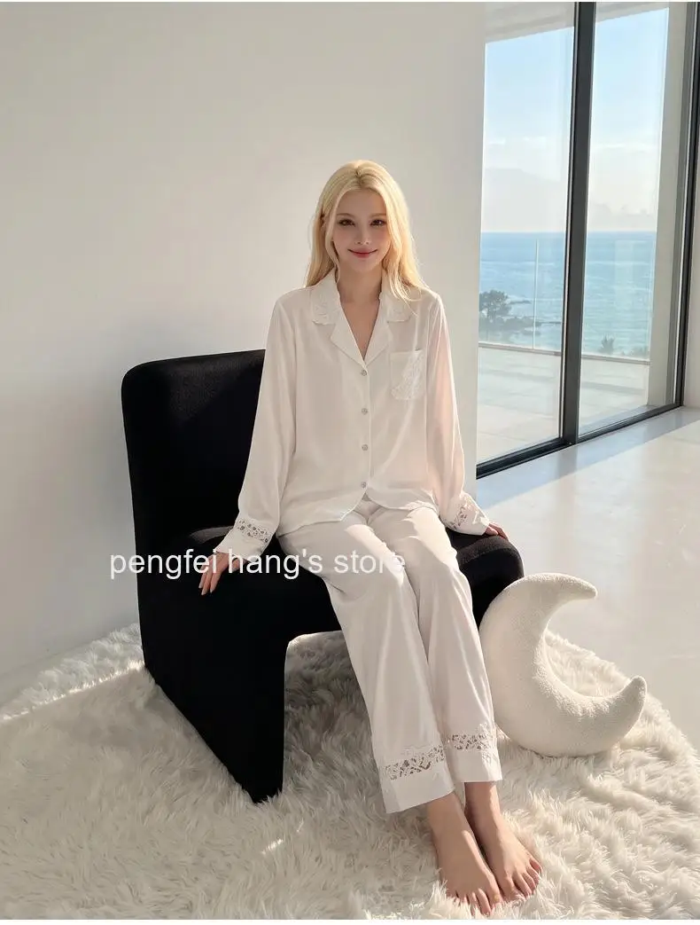 Women Ice Silk Pajama Set Solid Color Long Sleeve Long Pants Loungewear Spring Autumn Ladies Soft Sleepwear Home Clothing