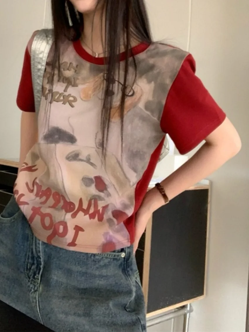 Alien Kitty 2025 달콤한 만화 티셔츠 여성 빈티지 느슨한 새 여름 짧은 소매 세련된 하이 스트리트 캐주얼 모든 경기 티셔츠