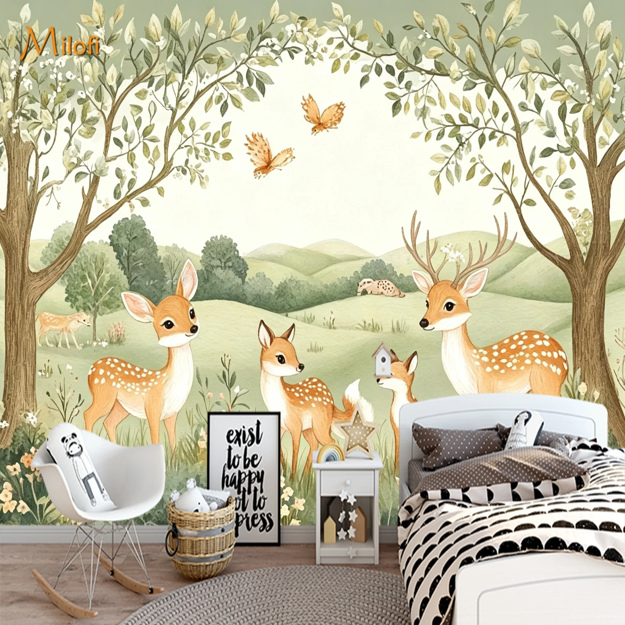 Custom Watercolor Forest Deer Mural Wallpaper, Woodland Animal Wall Mural, Custom Size Wall Covering for Kids Nursery Bedroom