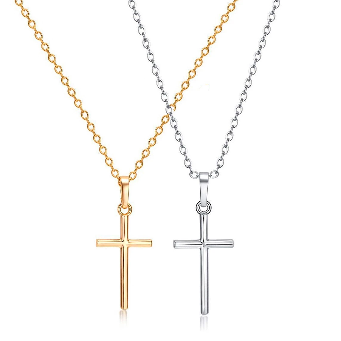 Fashion Trendy Clavicle Chain Cross Pendant Men and Women Hip Hop Stainless Steel Golden Silver Color Sweater Charm Necklace