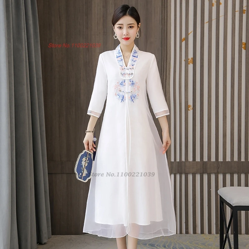 2024 chinese traditional dress improved chiffon cheongsam national flower embroidery a-line dress oriental banquet party dress