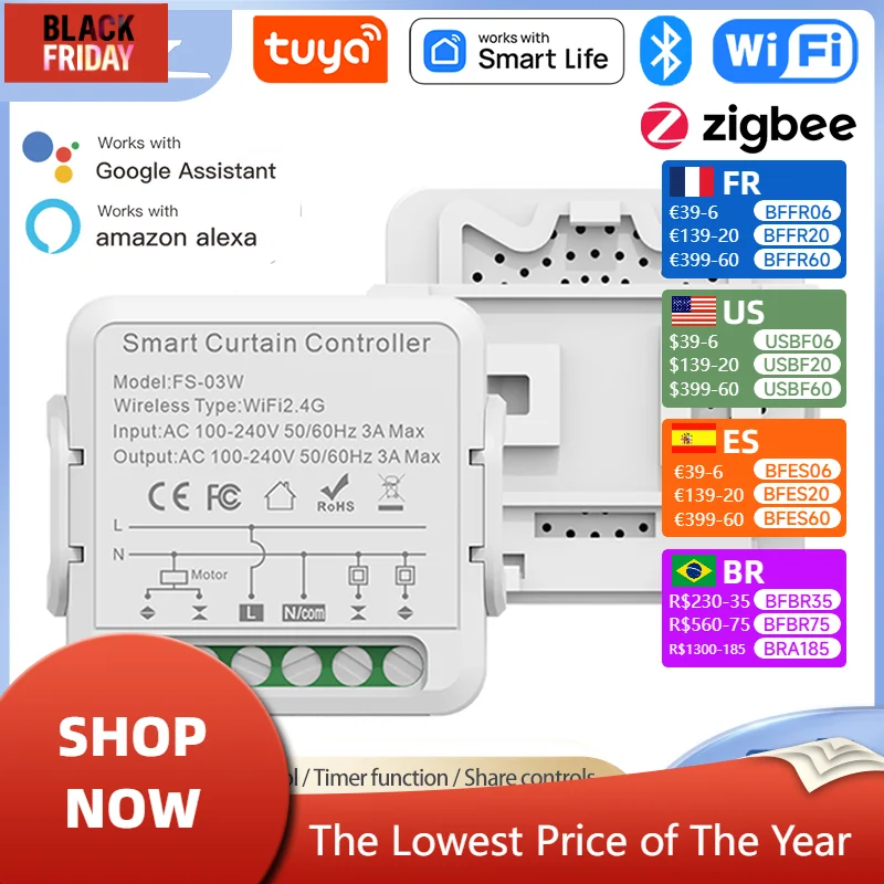 Tuya WiFI Zigbee Smart Curtain Switch Module 3A for Roller Blind Shutter Electric Motor Timing Voice Work with Alexa Google Home