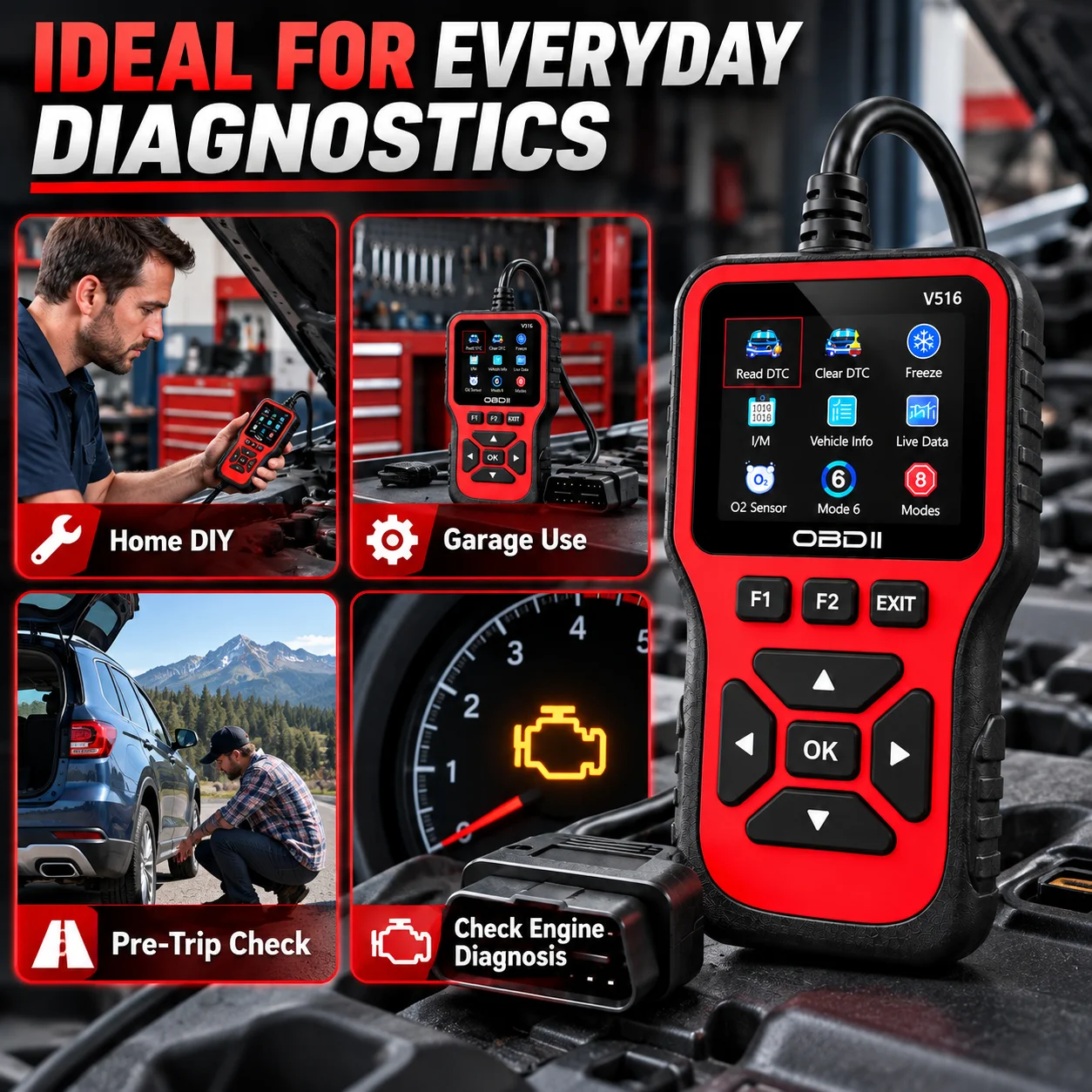 V516 Car OBD2 Scanner Diagnostic Tool Engine Code Reader DTC Read Clear Live Data O2 Sensor Test I/M Readiness Check