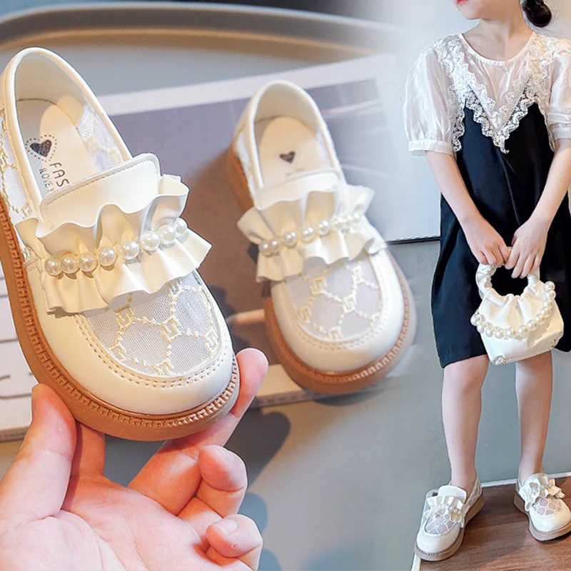 Girls Leather Shoes with Pearl Summer Fashion New Children's Soft-soled Princess Mesh Casual Shoes Kids Party Wedding Shoes