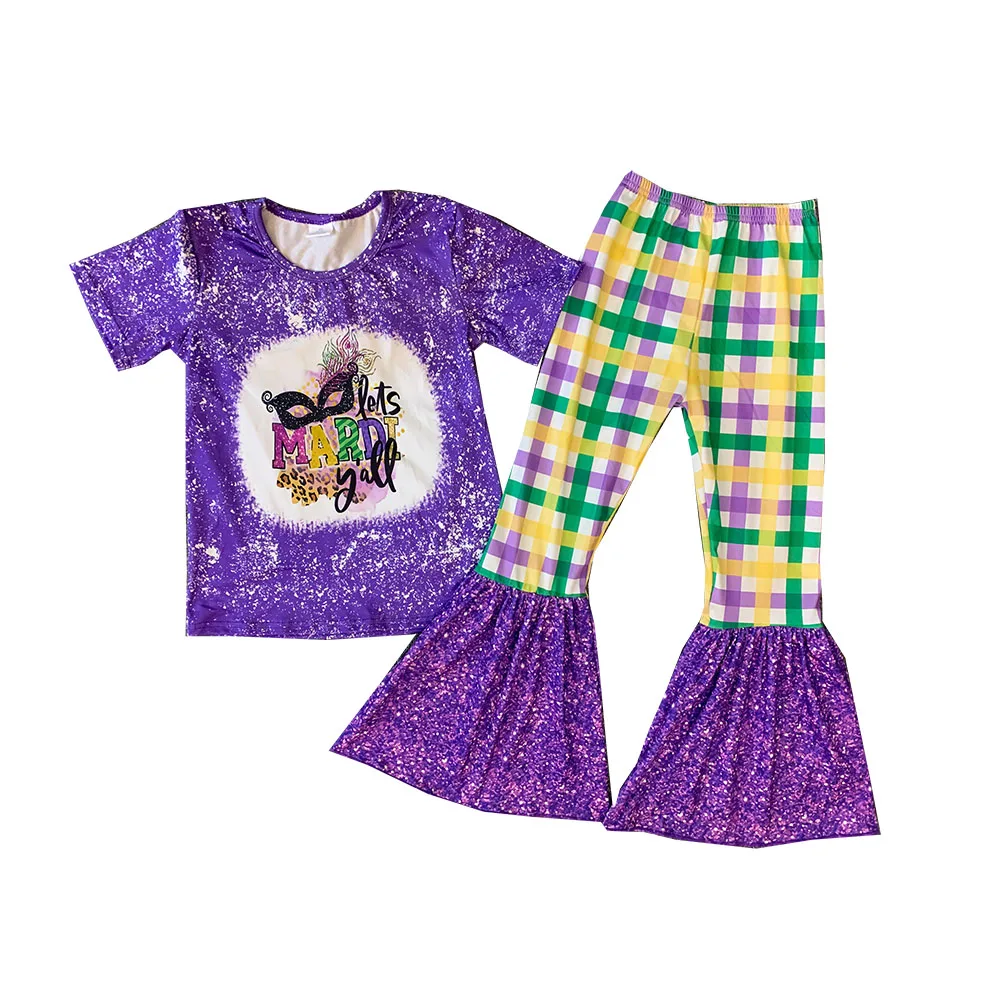 Wholesale Kids Mardi Gras Outfits Purple Short Sleeve Top Bell Bottom Pants Girls Sets