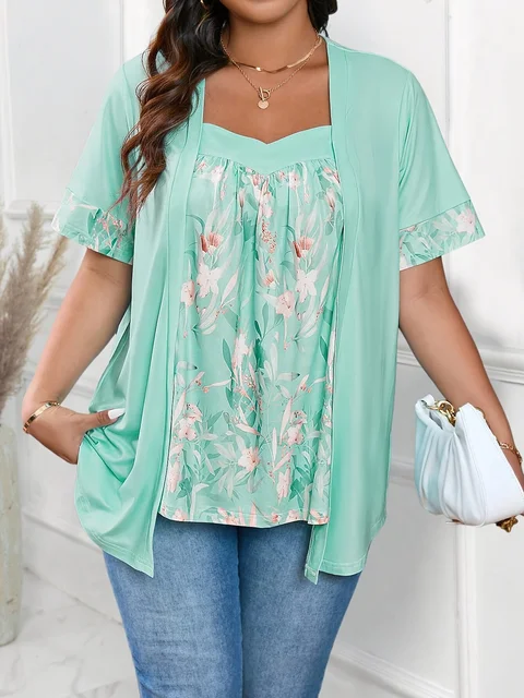 Plus Size 2 w 1 T-shirt z kwiatowym nadrukiem, wiosenne i letnie topy z krótkim rękawem, odzież damska Plus Size