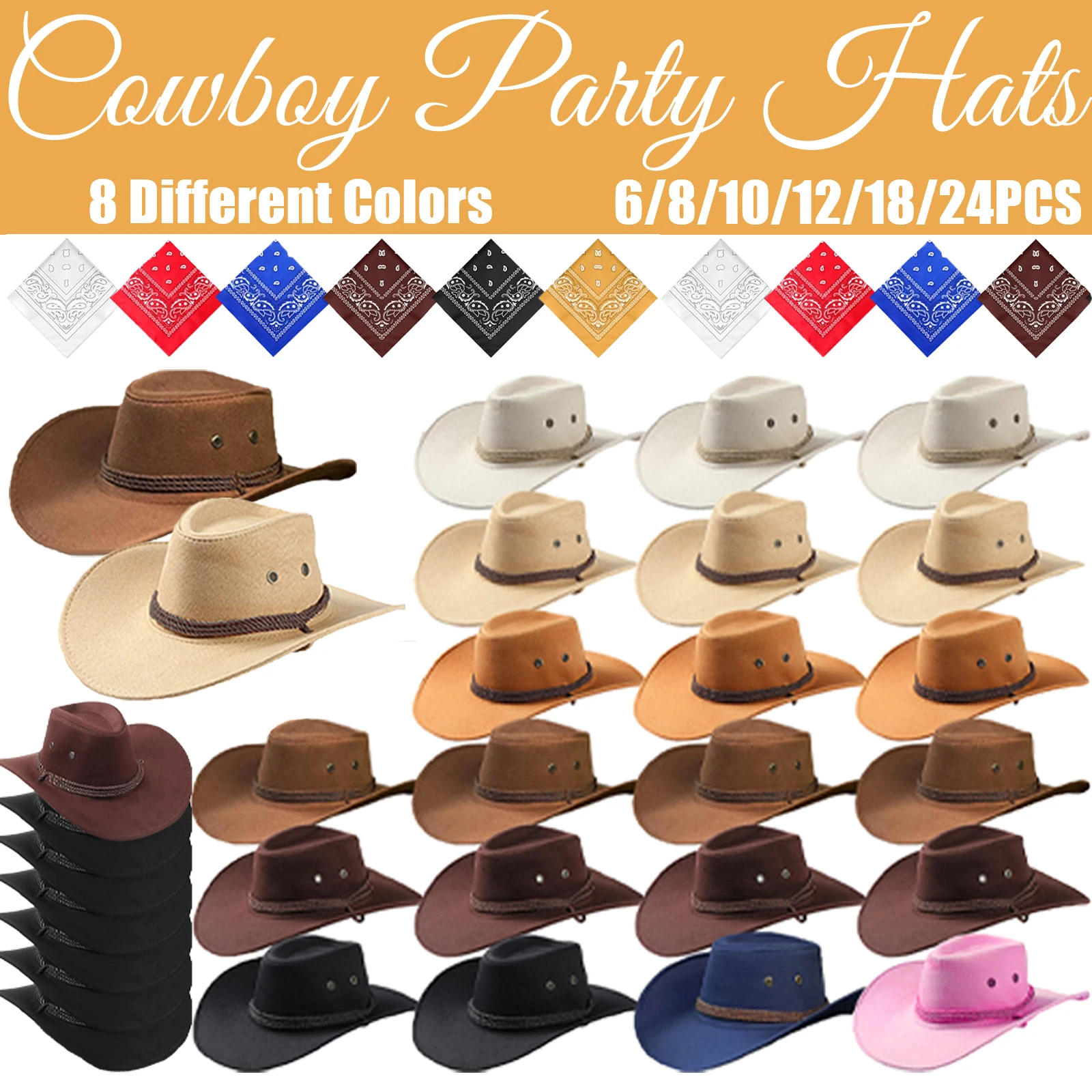 24-6 Juego de sombreros de fiesta de vaquero para hombre y mujer, sombrero de vaquero para despedida de soltera, suministros, sombreros de vaquero con pañuelos para despedida de soltera