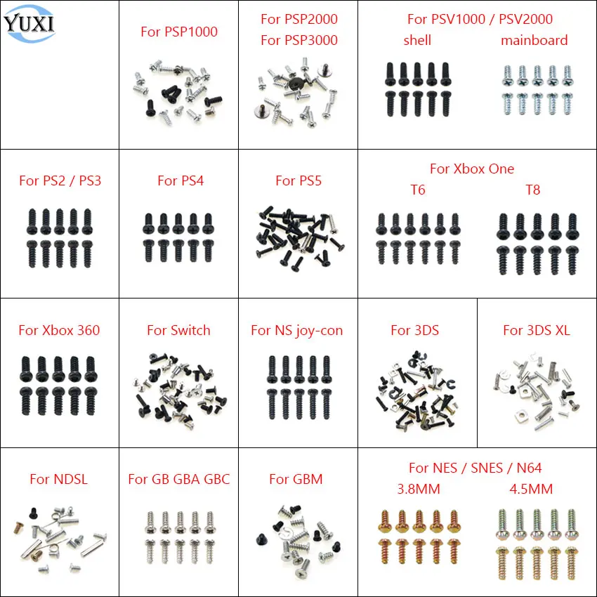 

YuXi 3.8 4.5 T6 T8 Screws for Xbox One 360 Game Console Shell for PS5 PS4 PS3 PS2 PSV PSP 1000 2000 3000 for NDSL 3DS GBA GBC NS