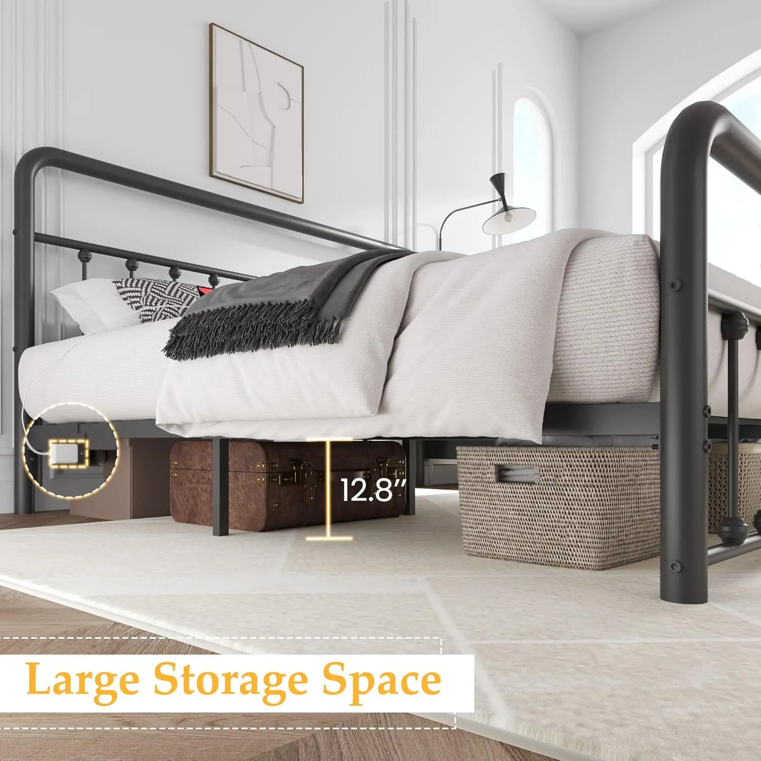 Bed Frame Classic Metal Platform Bed Frame with Charging Station & LED, Victorian Style Iron-Art Headboard/Footboard, Under Bed