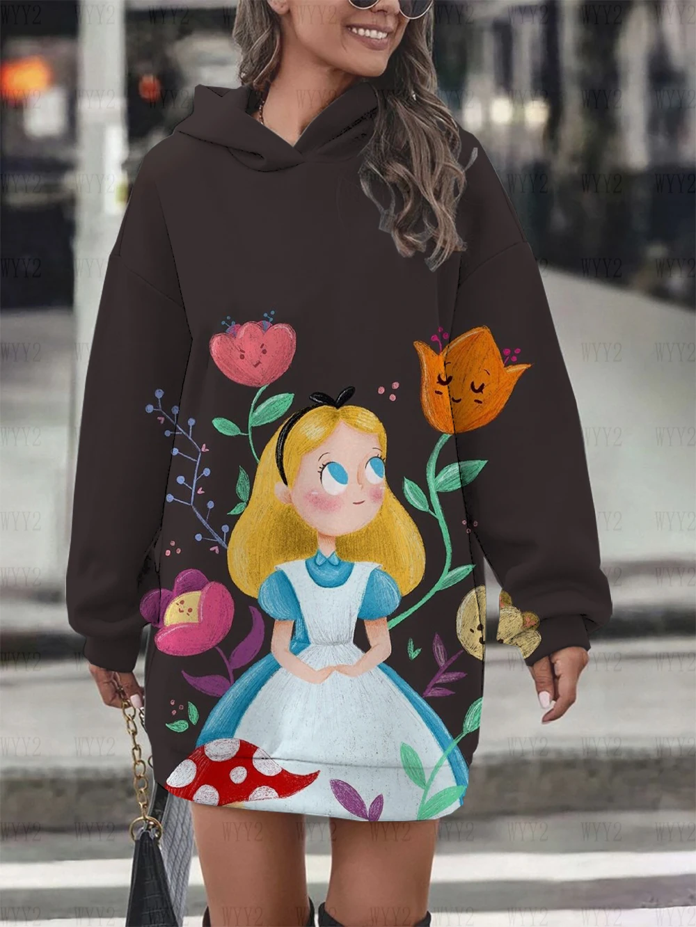 Disney Alice in Wonderland Print Hoodie Dress Sweatshirt Pullover Casual Simple Street Style Clothes Style Women\'s Tops