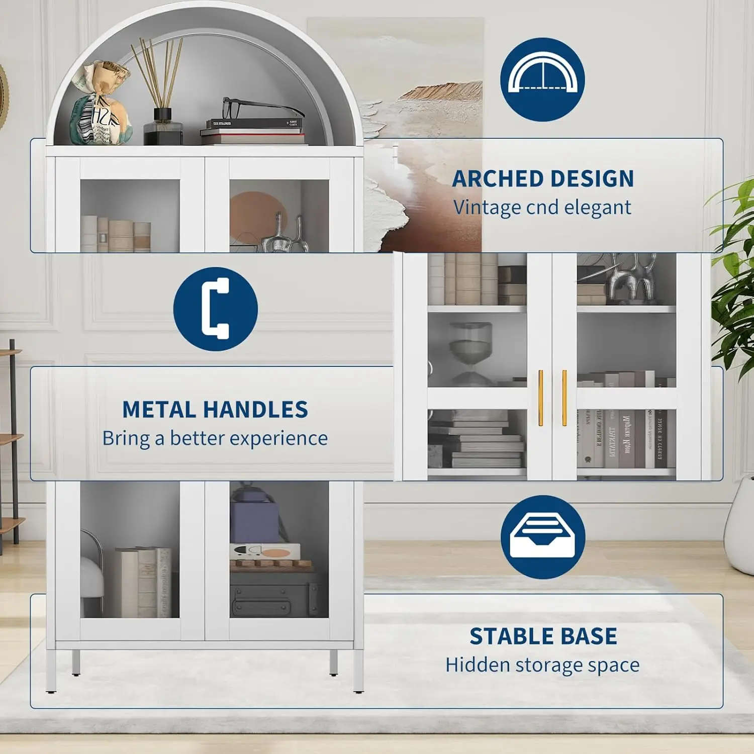 خزانة تخزين معدنية مقوسة مقاس 73 بوصة مع باب زجاجي ورفين قابلين للتعديل، وحدة تخزين قوسية لغرفة المعيشة وغرفة الطعام