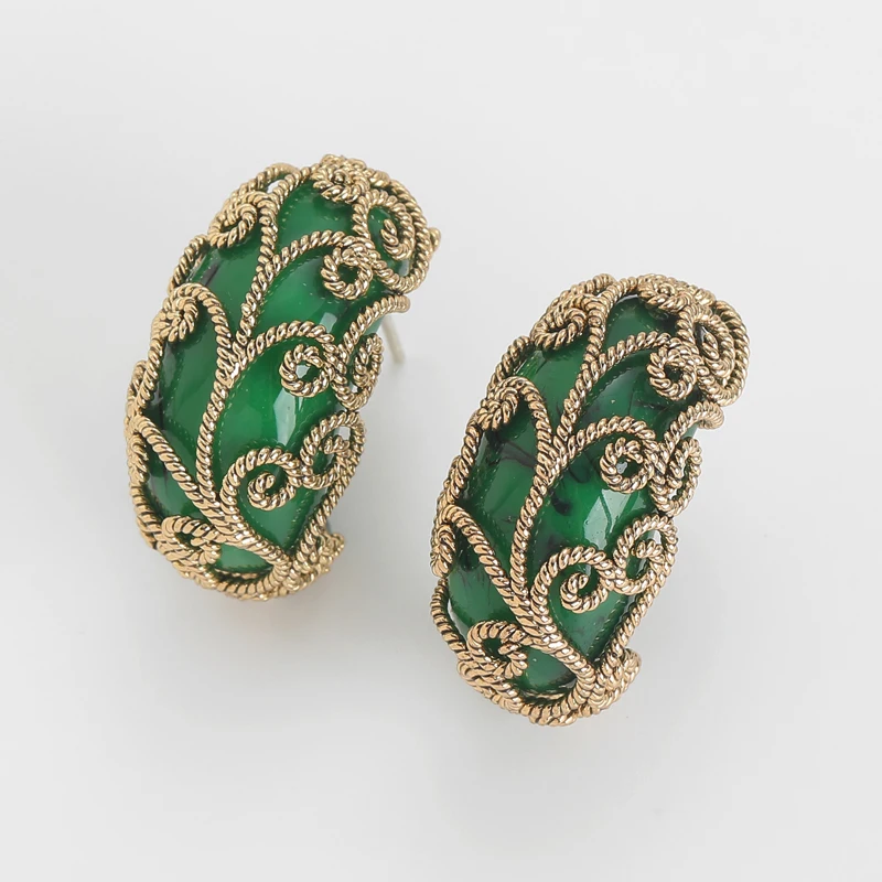 خمر قصر زهرة الأخضر الأقراط المزجج الحجر الطبيعي امرأة الجوف خارج العتيقة الذهب اللون الفاخرة جودة مجوهرات عيد الميلاد #5