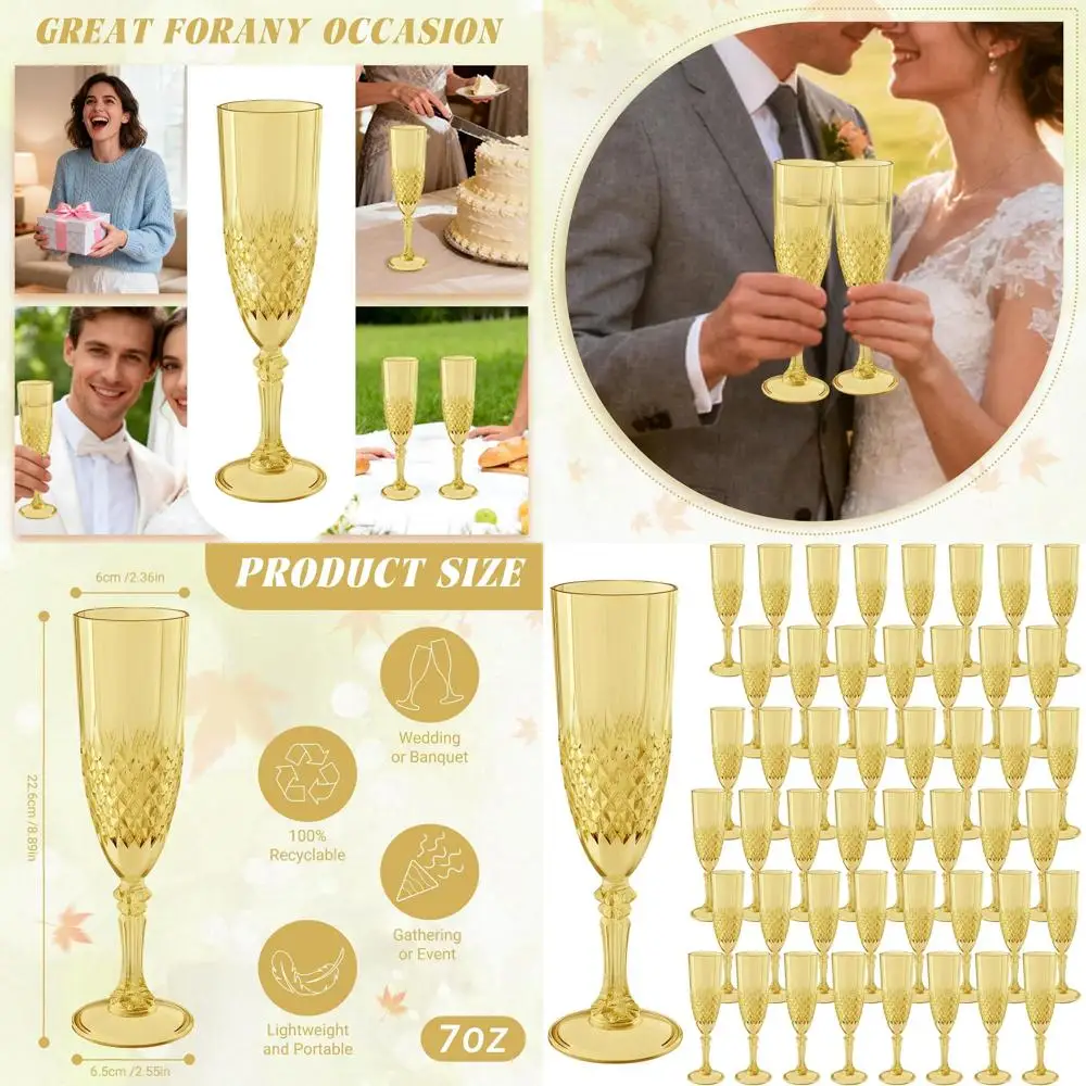 

Небьющиеся акриловые фужеры для шампанского, оптовая упаковка, многоразовые для свадеб, вечеринок, тостов и особых случаев (48 шт., золотистые)