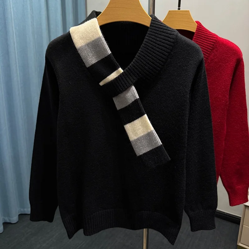 Men's New High-end Design Autumn Sweater Thick With Scarf High-Quality Warm Base Layer Shirt Knitted Shirt Trendy Pullover Shirt