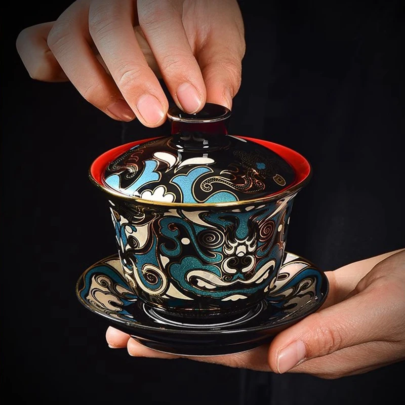 Gold and Silver Gilded Gaiwan, Single High-Grade Teapot, Porcelain Kung Fu Tea Set, Tea Making Non-Scald Bowl, Vintage Teapot