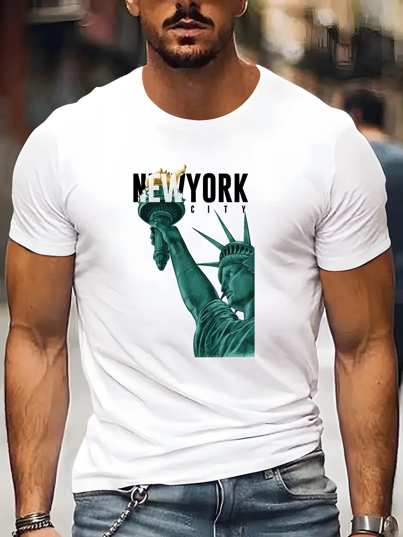 New York City Mens Crew Neck T Shirt Statue Of Liberty Vintage Engraving City Landmark Graphic Short Sleeve Casual Street Tops