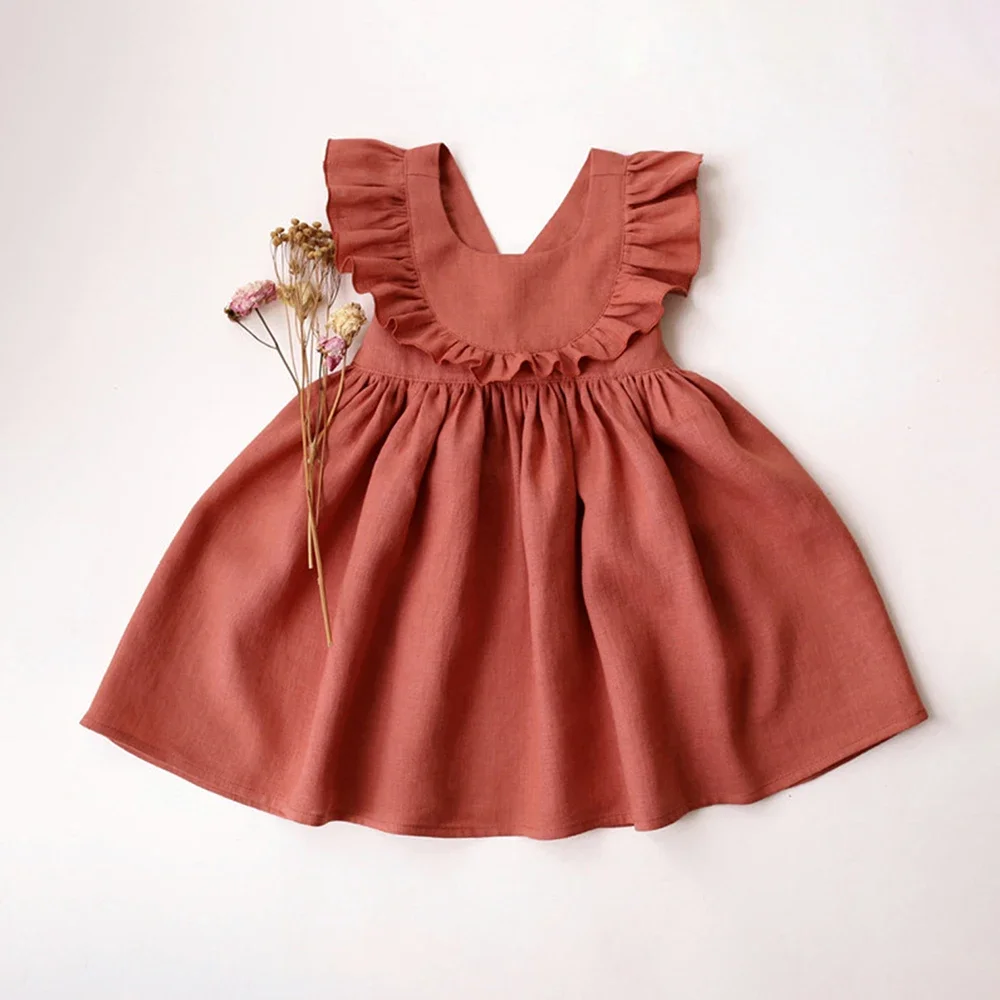 Cotton Red Dresses Baby Girls Solid Color Backless Casual Wear 2 -6Y Round Necked Wooden Ear Edge Kids Clothes