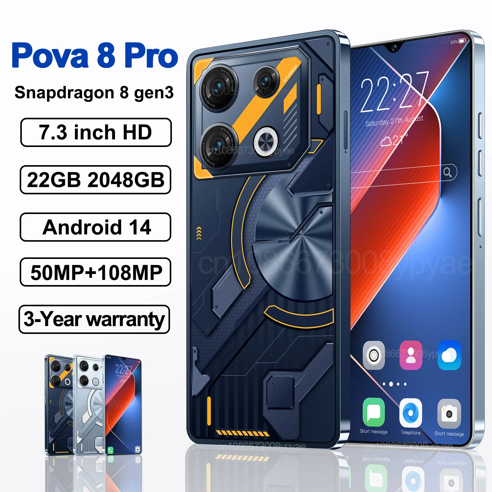 

Original Pova 8 Pro Smartphone 5G 7.3inch HD 22G+2TB Cell Phone Dual SIM Mobile Phones 50+108MP 7000mAh Android 14 Unlocked NFC