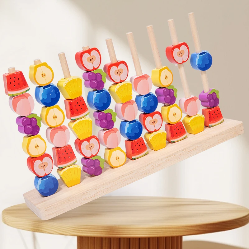 Drewniana gra w rzucanie pierścieniami z owocami, gra logiczna dopasowująca kolory i kształty, kolorowe koraliki, zabawka edukacyjna dla najmłodszych, prezent dla dzieci.