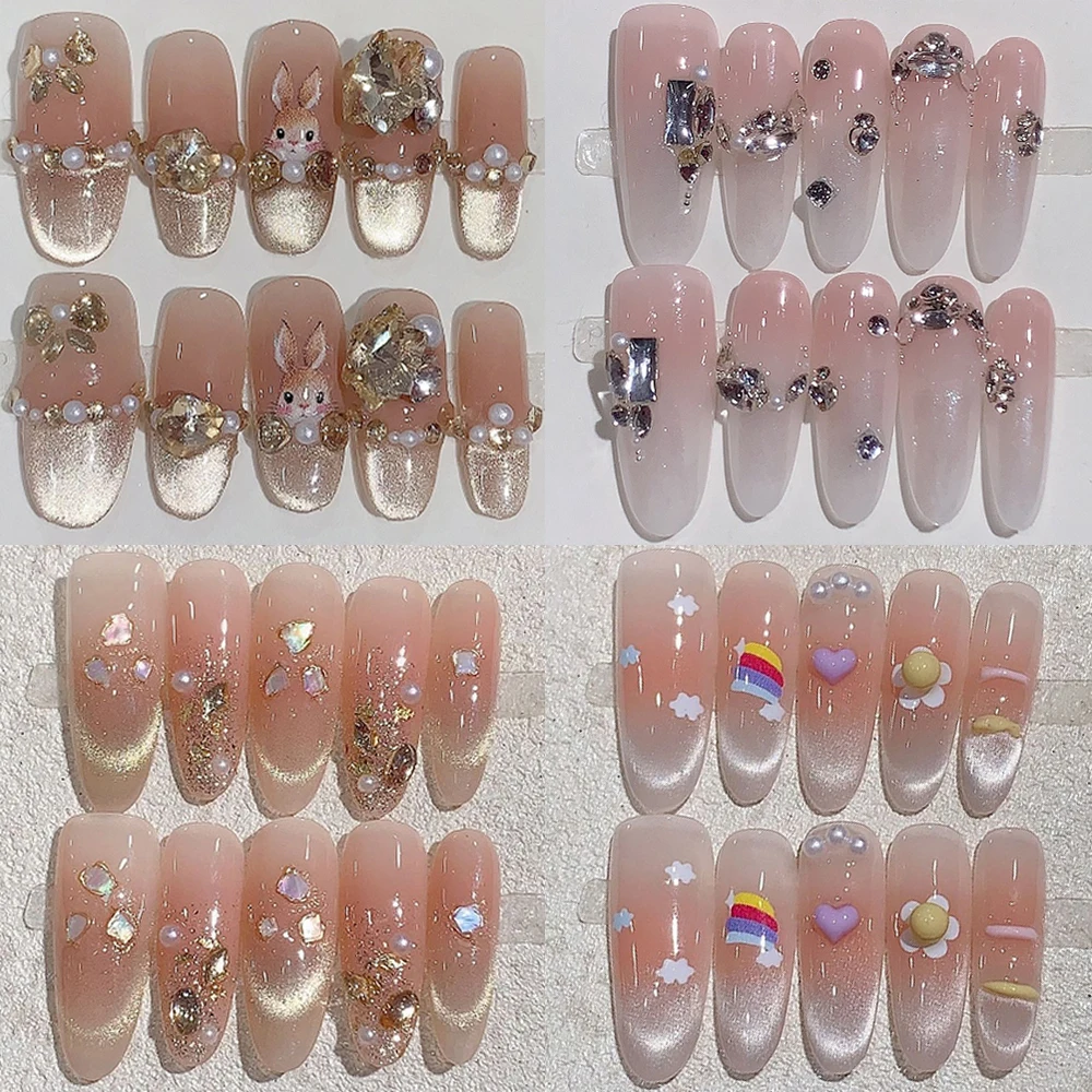 

10Pcs Kawaii Cat Eyes Long Ellipse Handmade Wearable Fake Nails Cartoon Rabbit Rainbow Diamond Pearl Full Cover False Nail