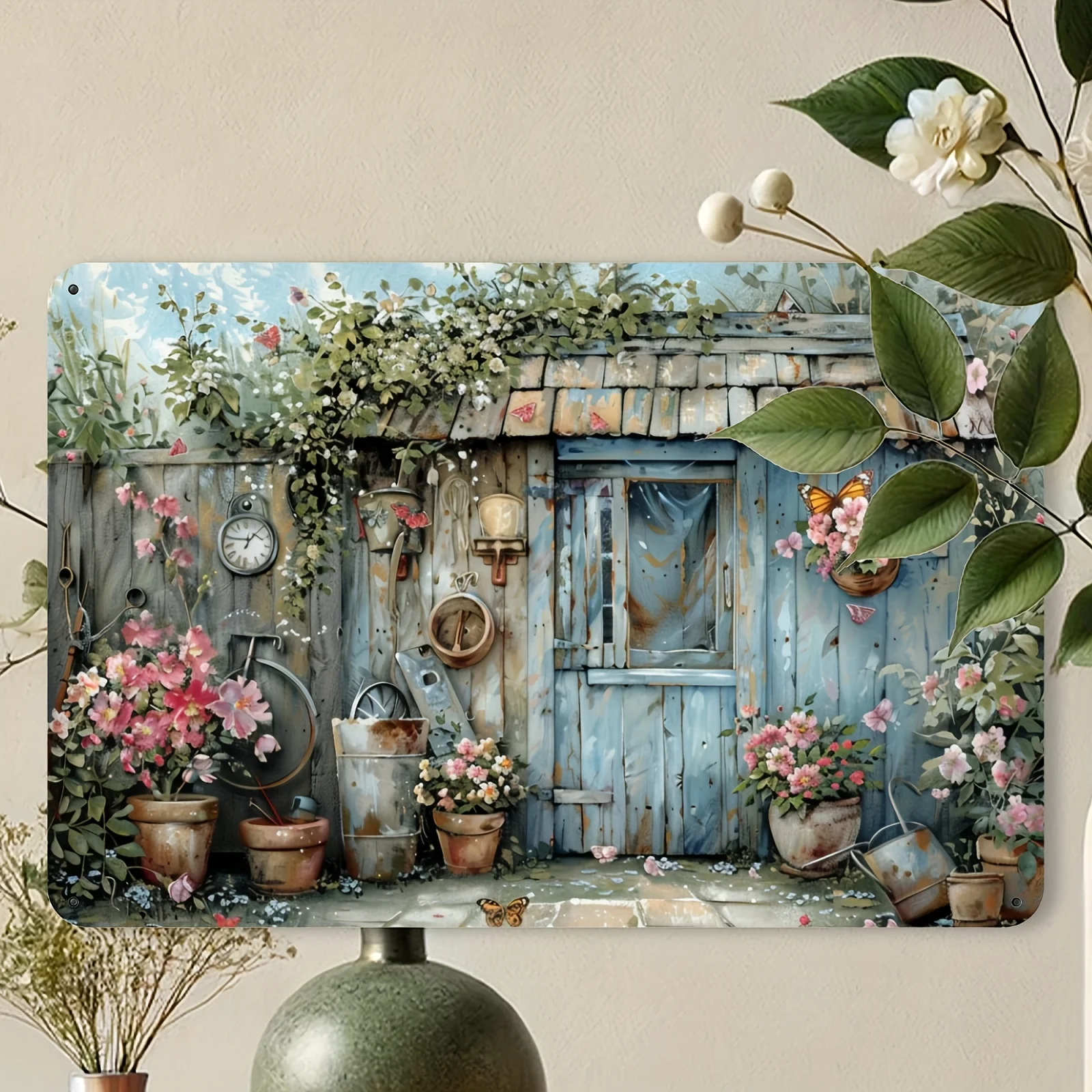 Vintage Floral And Butterfly Metal Wall Art - Easy Garden Shed Decoration - Perfect for Home Yards And Outdoor Settings - 12X8 I