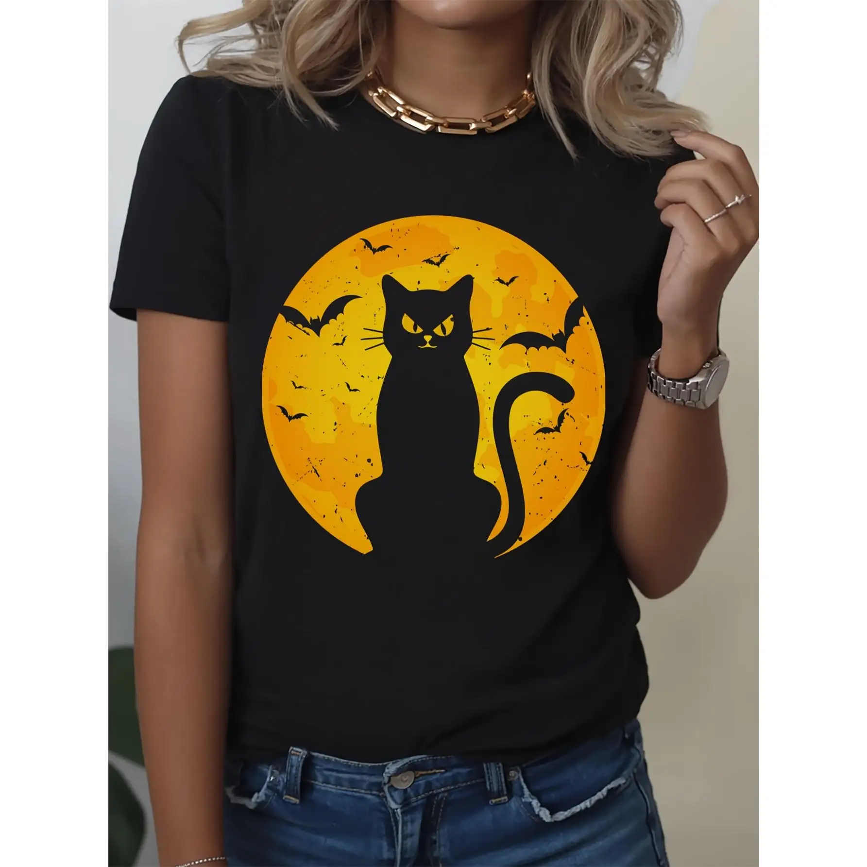 

Black Cat, Sum Casual Elegant Crew Neck Short Sleeve T-Shirt For Women A Must-Have Spring And Summer Top, Great For Gifting