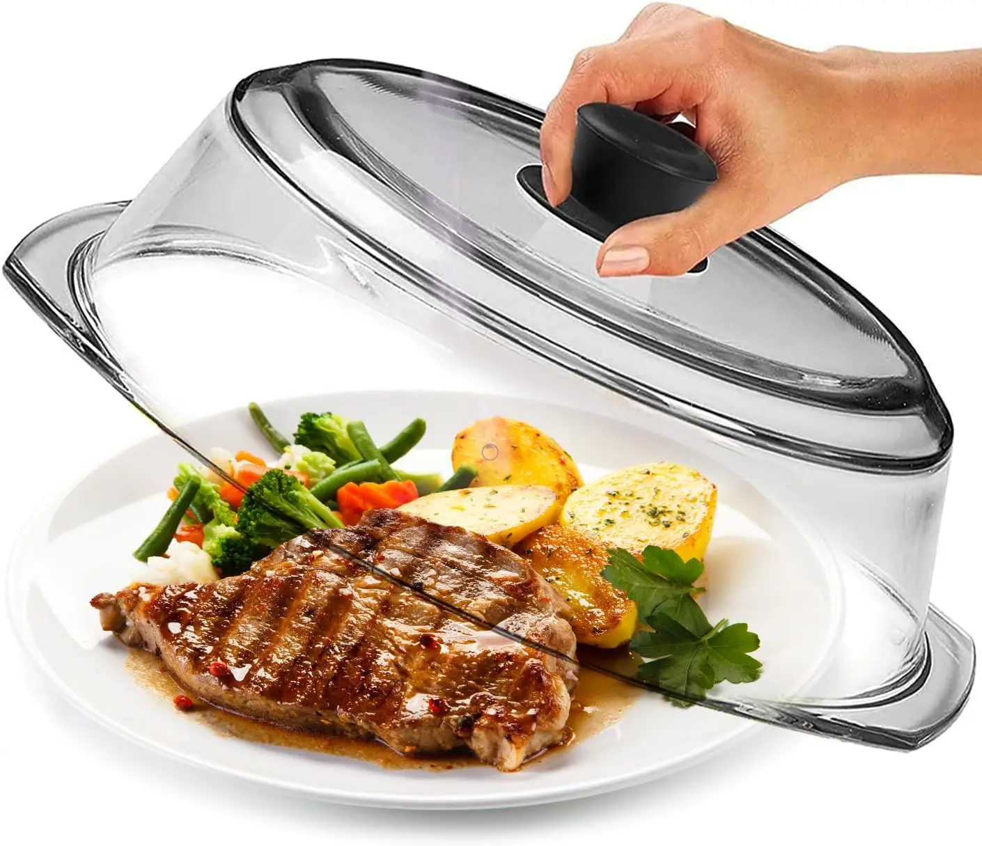 

Le’raze Tall lass Microwave Splatter Cover for Food - Cookware & Bakeware Servin Dish Cover, Plate uard Lid with