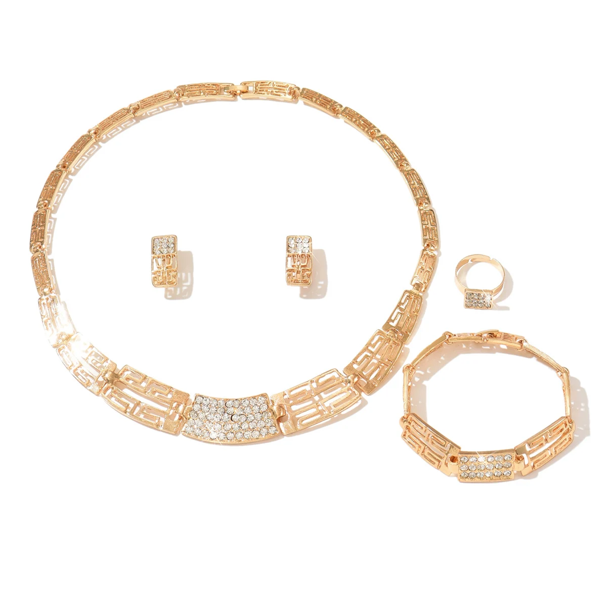 Griechisches Schlüssel-Set mit Diamant-Halskette, Armband, Ring, Ohrring, Komplettes Accessoire-Set, Bankett, Ball, Partykleid, Accessoires – Detail 6