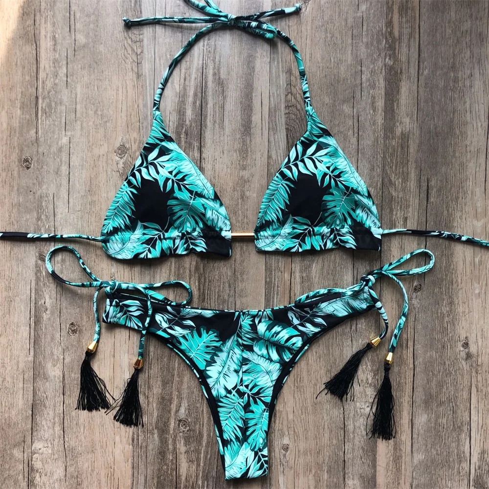 Leaves Print Bikini Tassels Strappy Swimsuit Backless Halter Swimwear Two Piece Trend Women Beach Bathing Suit Bikinis Thong Set