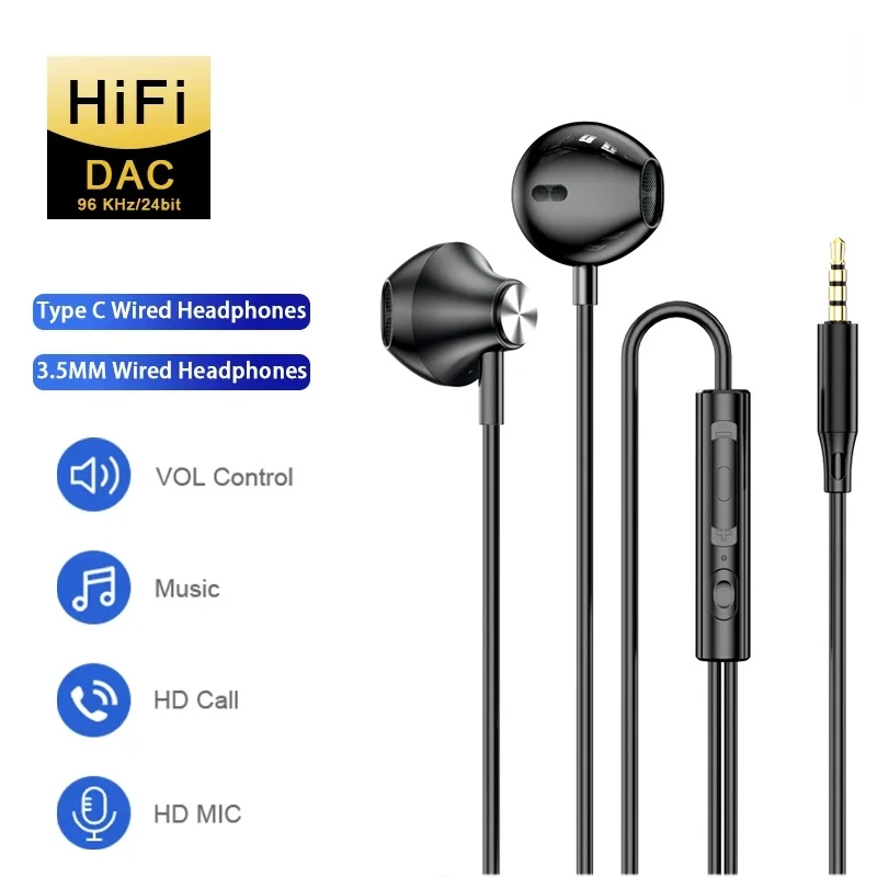 Kabelgebundener Kopfhörer, 3,5 mm Typ C, In-Ear-Kopfhörer, drahtgesteuertes Headset, HiFi-Surround-Kopfhörer mit Mikrofon für iPhone, Xiaomi, Huawei