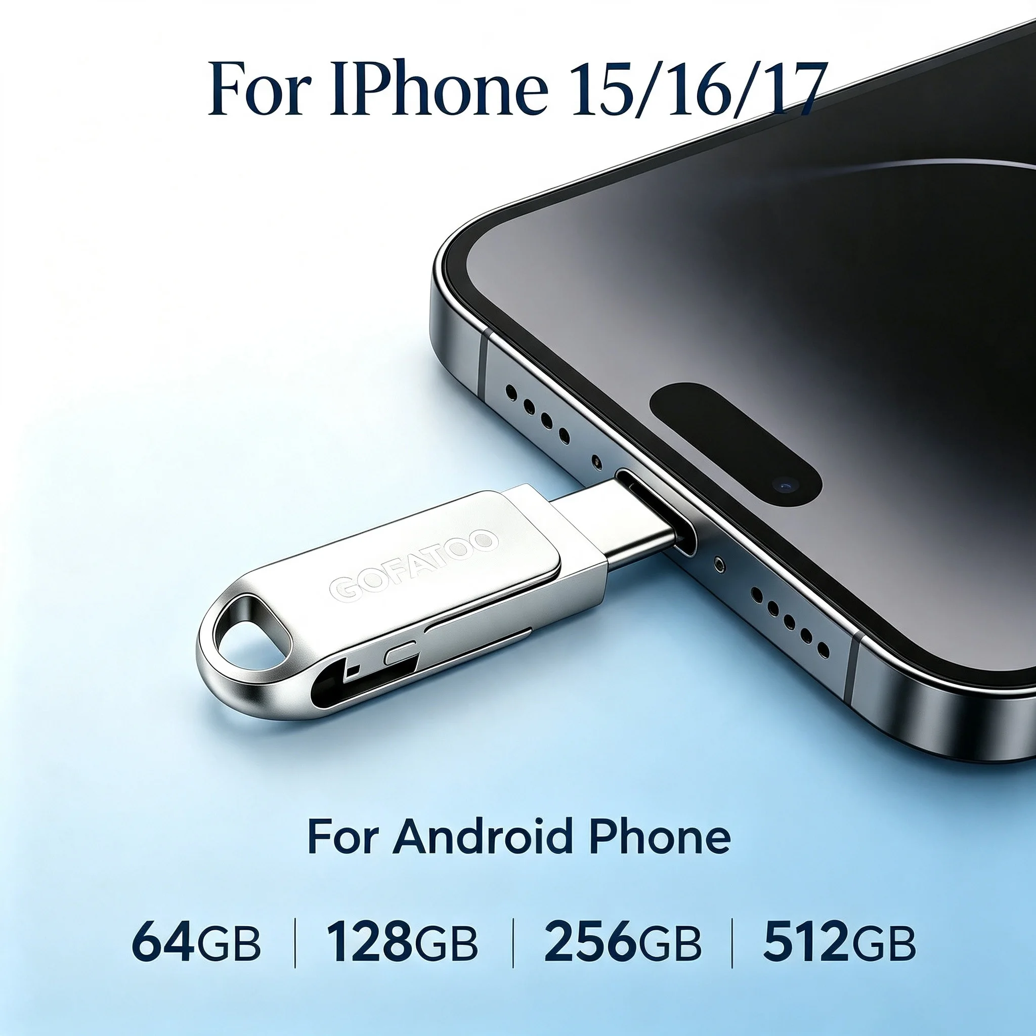 GOFATOO 2-in-1 Rotatable USB-A Type-C PSSD USB3.2 Gen1 Flash Drive 460MB/s OTG for iPhone15/16/17 Android Laptop 64GB-512GB