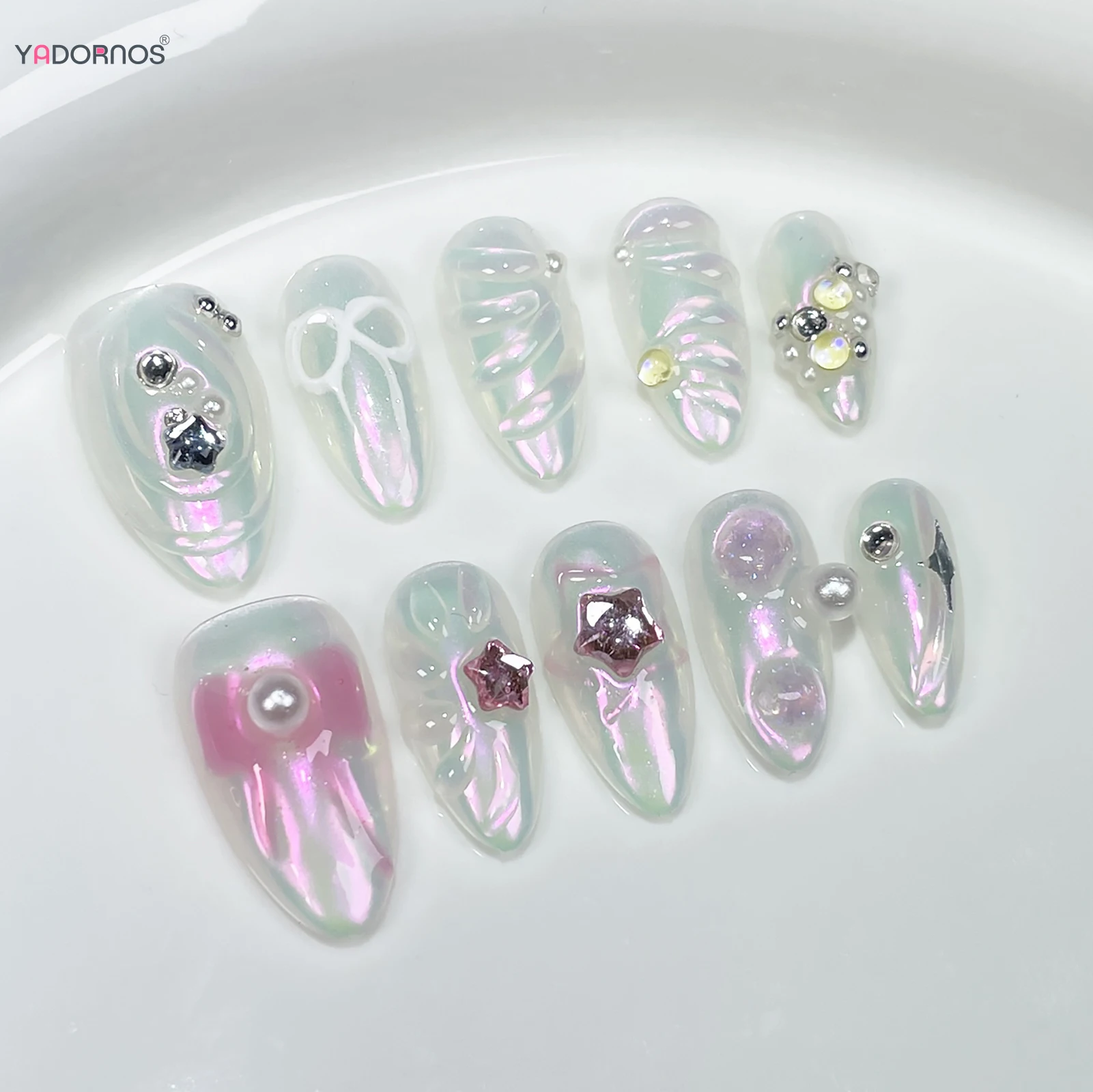 Kuku palsu, Blush Pink, buatan tangan 3D putih gaya tidak teratur Tekan pada kuku Almond, dapat dipakai, manikur, desain bintang pita 10 buah