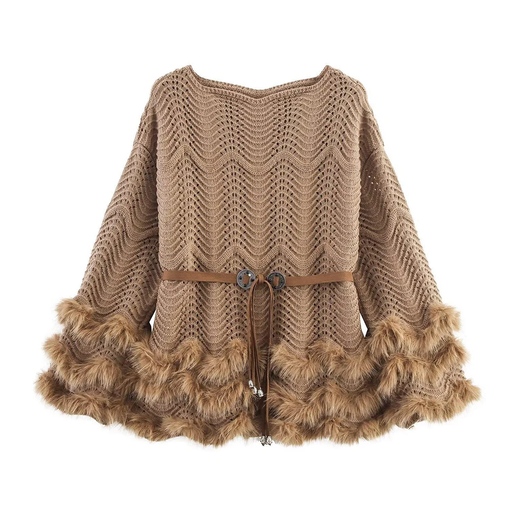 

Women Mid-Length Faux Fur Patchwork Sweater Pullovers Autumn Winter Loose Hollow Out Solid Color Sweaters Warm Soft Knitted Tops