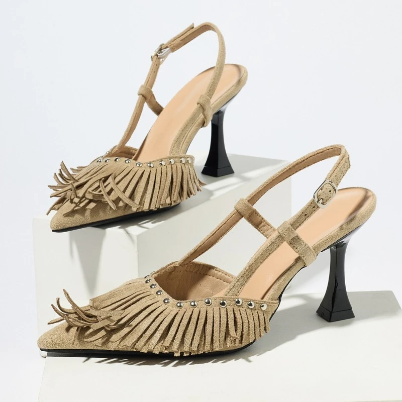

Tassel Rivet Suede Women Heeled Sandals Brown Retro Slingback High Heels Female Buckle Pointed Toe Women Pumps Design Party Shoe