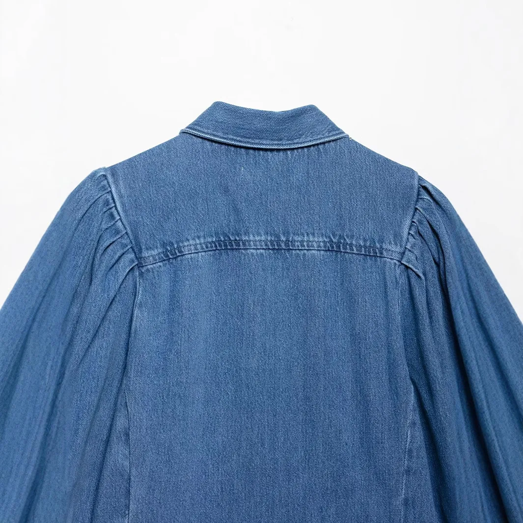 Fashion Denim Women Short Shirt Lapel Half Puff Sleeve Pleated Turn-down Collar Solid Female Top 2025 Spring Summer Lady Shirts