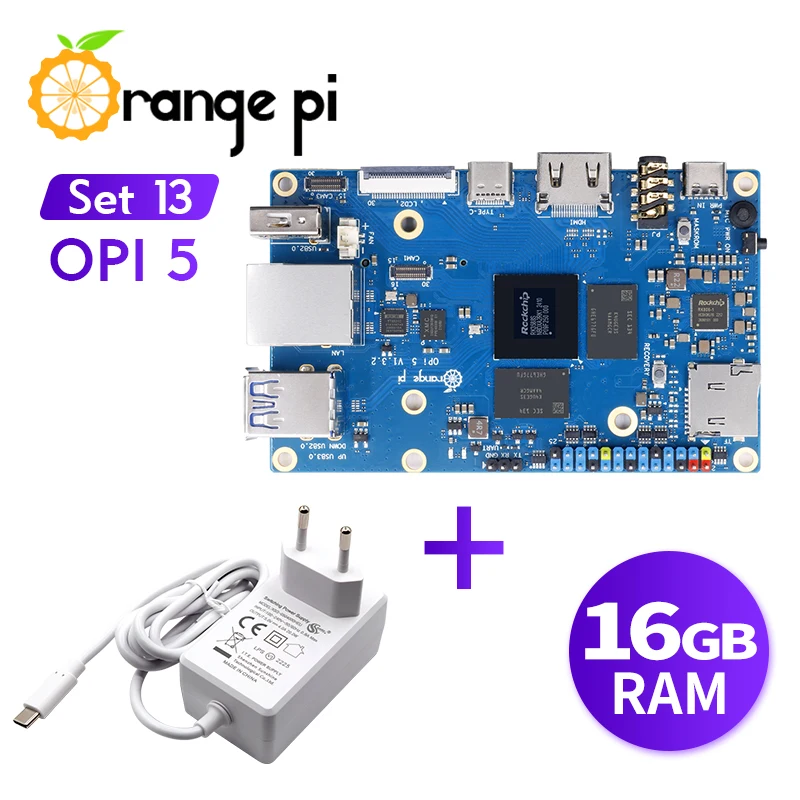 Orange Pi 5 16GB RAM +5V4A Type C Power Supply Single Board Computer 2pcs Sets RK3588S Embedded Development AI 6 Tops NPU