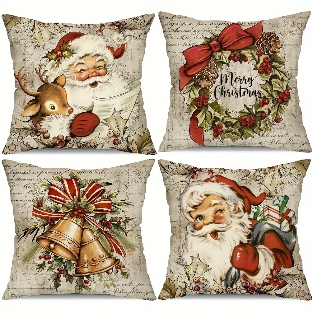 Christmas-themed 4-piece pillowcase set featuring vintage Santa Claus and reindeer patterns—customizable festive throw pillow co