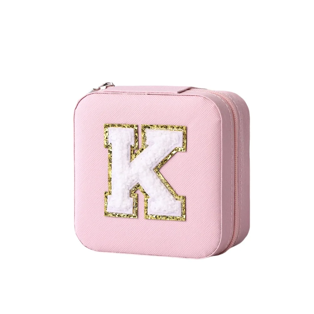 

Luxury Pink Leather Jewelry Storage Box Zipper Square Rings Bearer Box Bracelets Organizer Letter Jewelry Case Travel